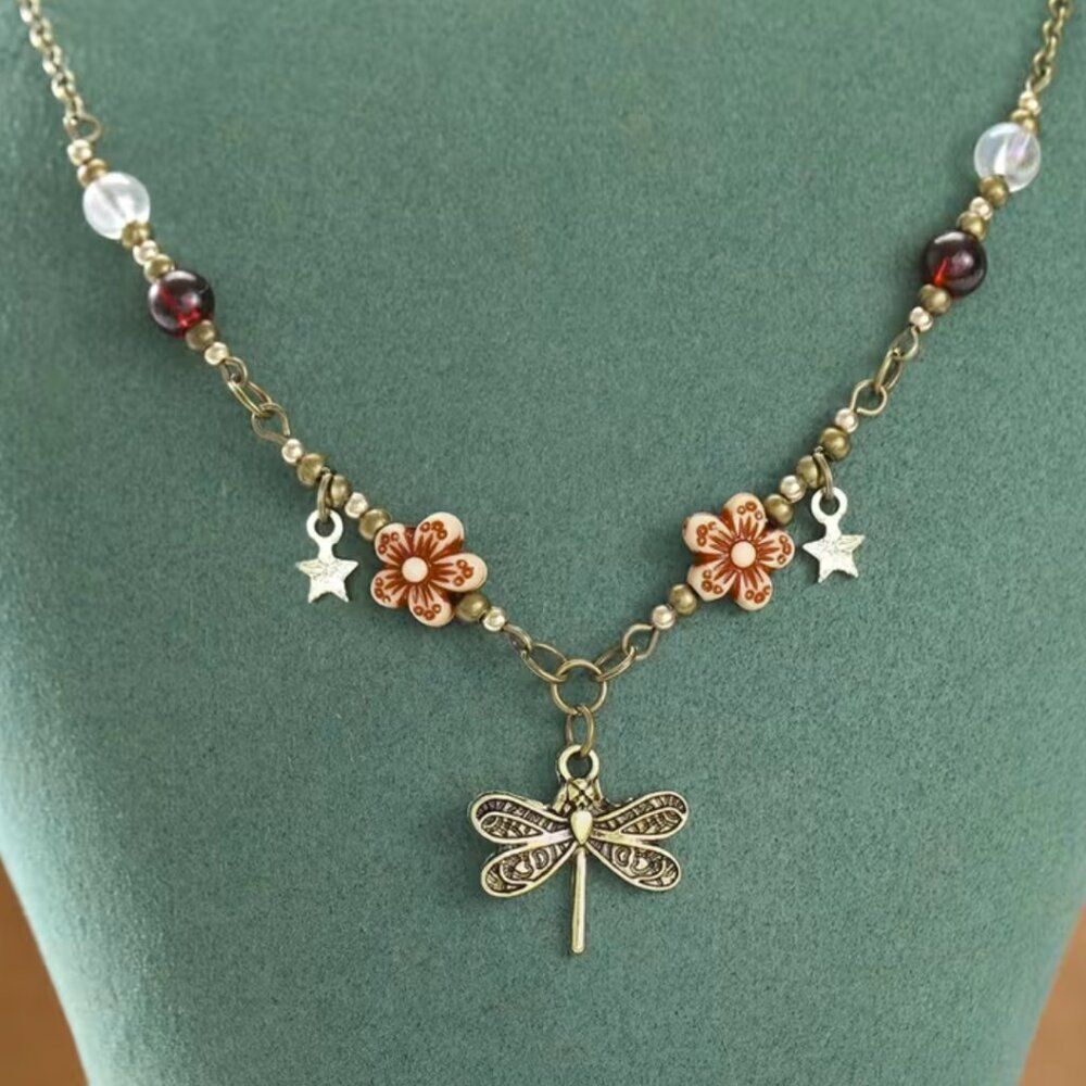 Necklace Vintage Dragonfly Pendant Stars Floral Beads Bohemian Aged Golden Tone